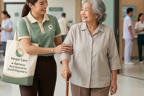 ผู้ดูแลของเย็นใจ แคร์ ประคองผู้สูงอายุเดินอยู่ในโรงพยาบาล